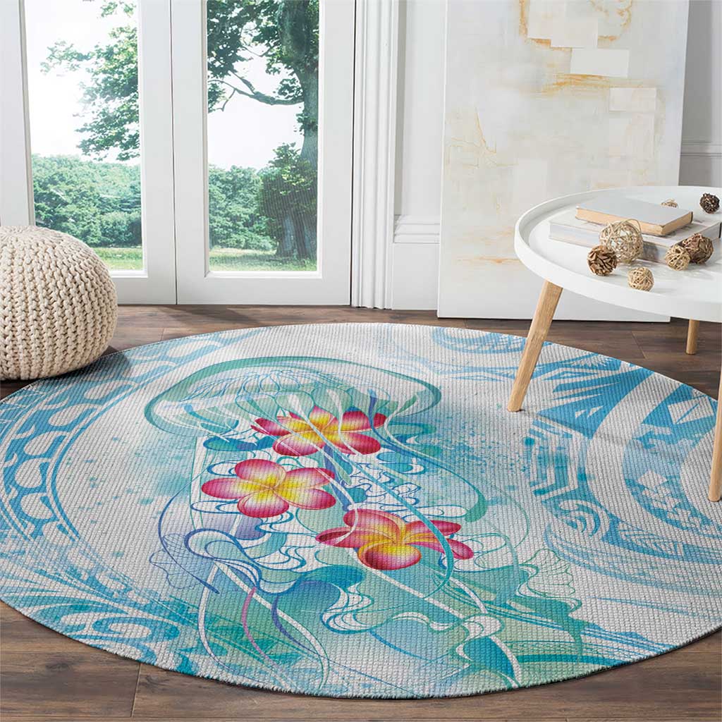 Sea Blue Polynesian Jellyfish Round Carpet Watercolor Glows - Polynesian Pride