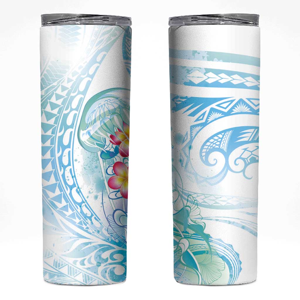 Sea Blue Polynesian Jellyfish Skinny Tumbler Watercolor Glows - Polynesian Pride