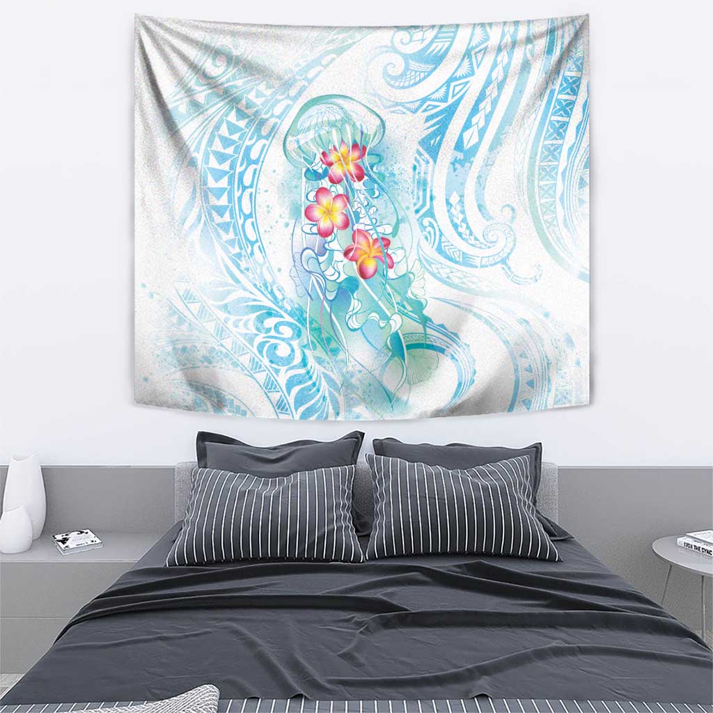 Sea Blue Polynesian Jellyfish Tapestry Watercolor Glows - Polynesian Pride