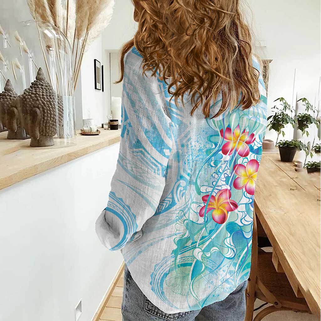 Sea Blue Polynesian Jellyfish Women Casual Shirt Watercolor Glows - Polynesian Pride