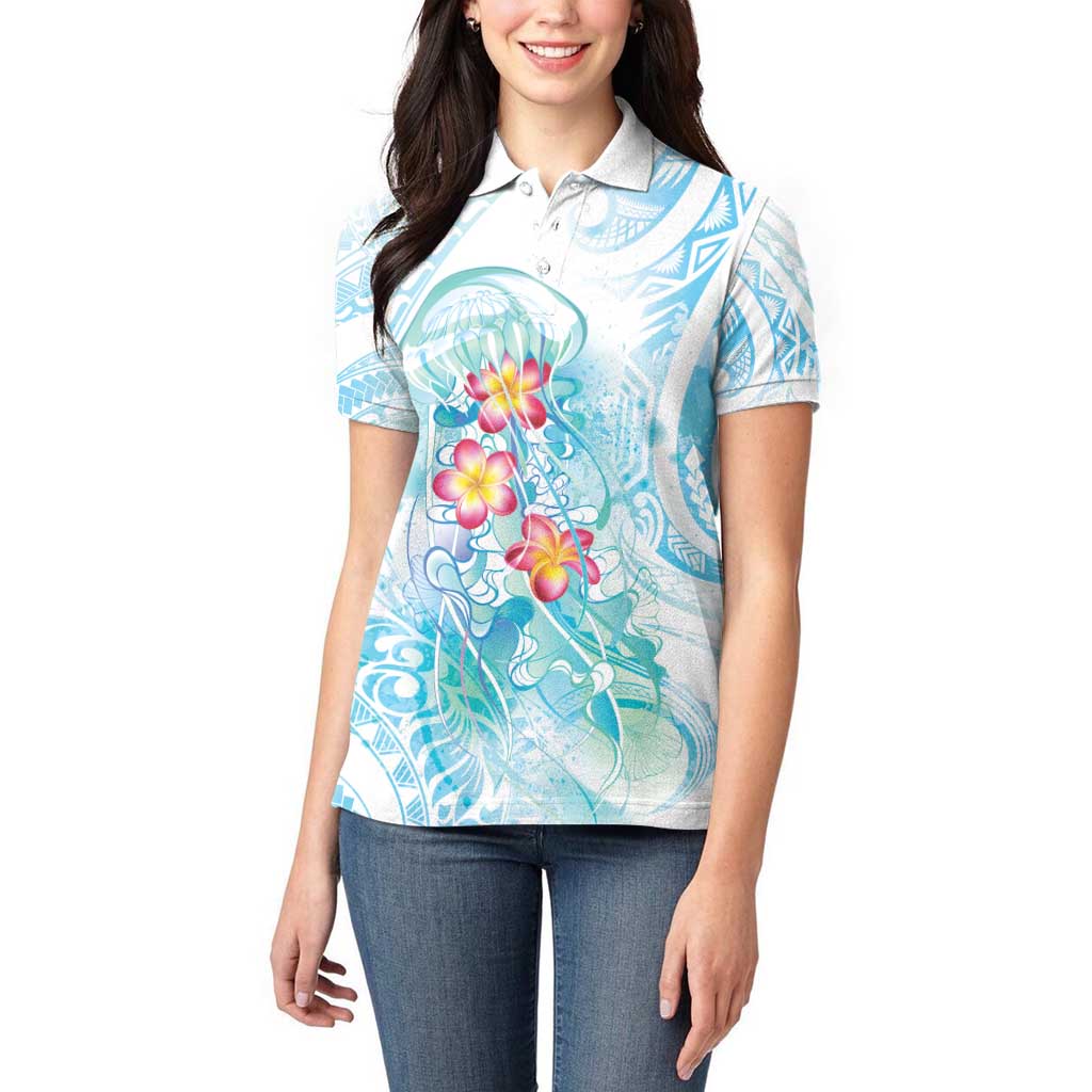 Sea Blue Polynesian Jellyfish Women Polo Shirt Watercolor Glows - Polynesian Pride