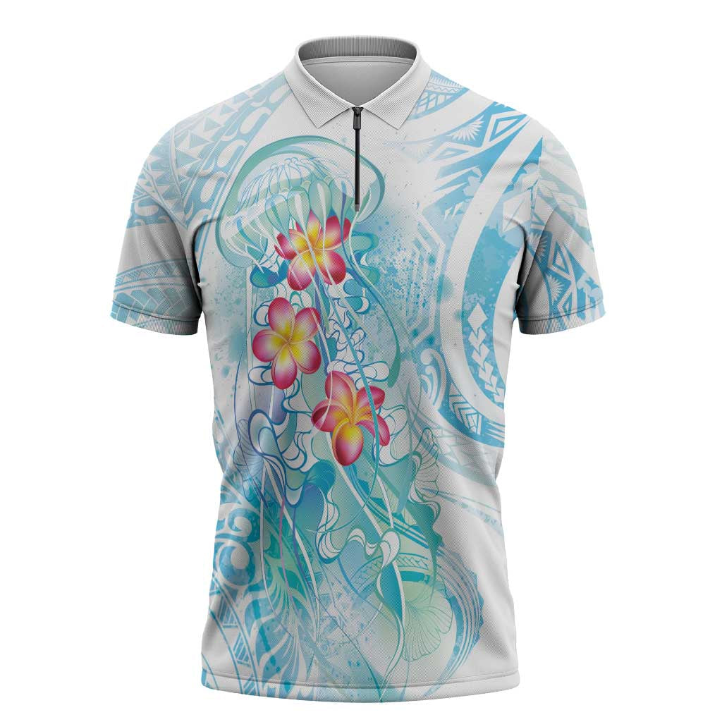 Sea Blue Polynesian Jellyfish Zipper Polo Shirt Watercolor Glows - Polynesian Pride