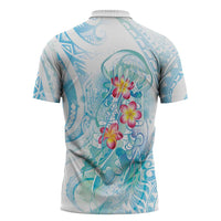 Sea Blue Polynesian Jellyfish Zipper Polo Shirt Watercolor Glows - Polynesian Pride