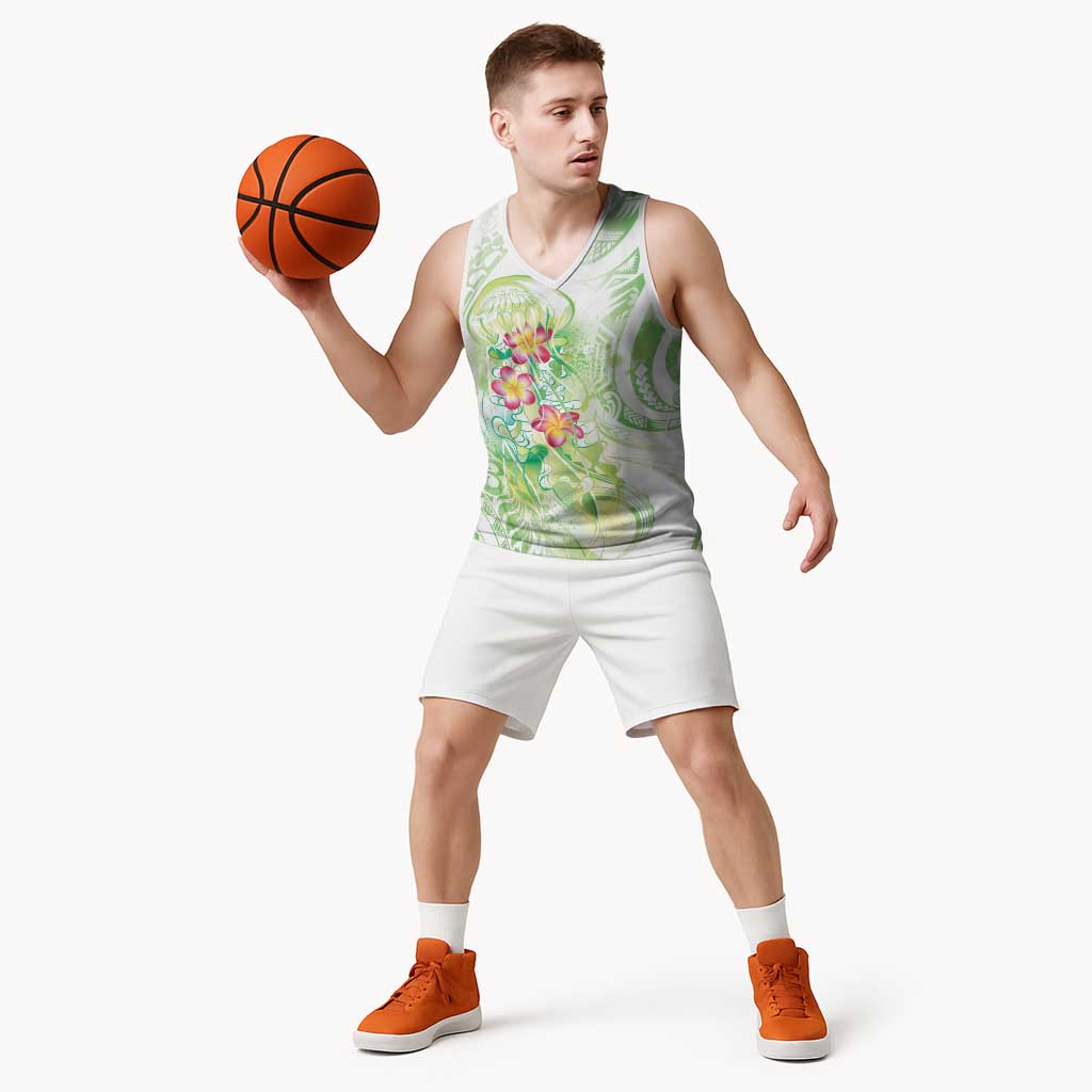 Summer Green Polynesian Jellyfish Basketball Jersey Watercolor Glows - Polynesian Pride