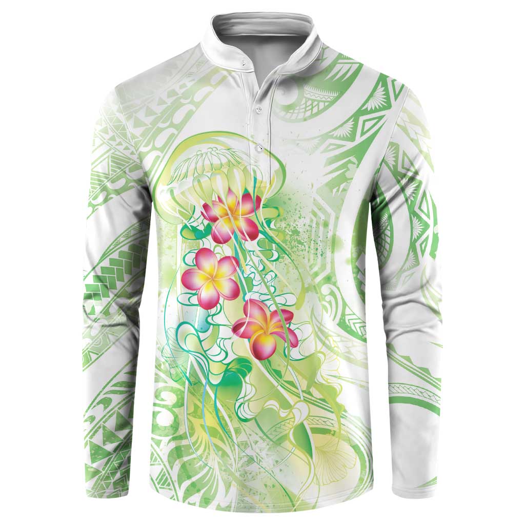 Summer Green Polynesian Jellyfish Button Sweatshirt Watercolor Glows - Polynesian Pride