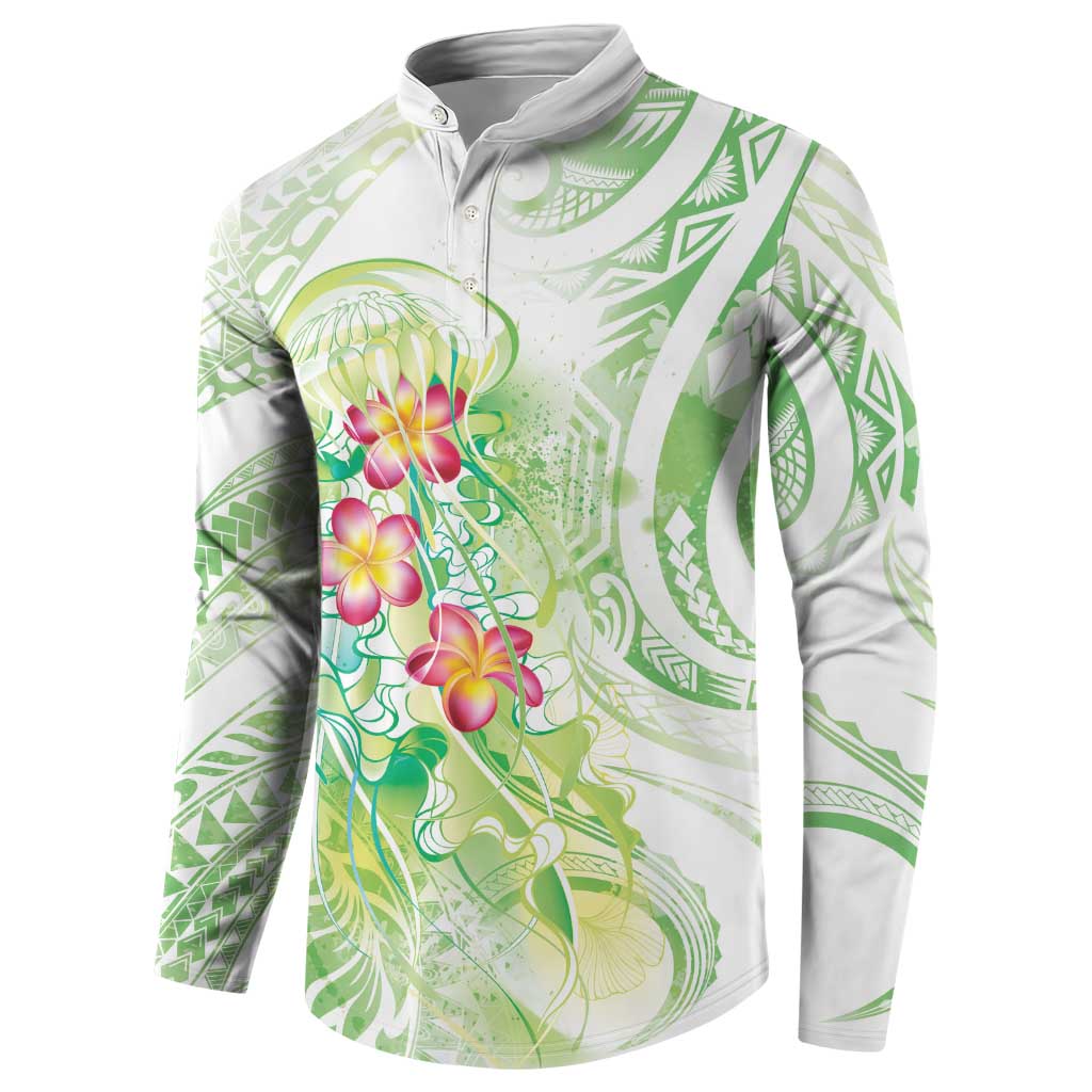 Summer Green Polynesian Jellyfish Button Sweatshirt Watercolor Glows - Polynesian Pride