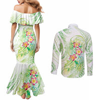 Summer Green Polynesian Jellyfish Couples Matching Mermaid Dress and Long Sleeve Button Shirt Watercolor Glows - Polynesian Pride