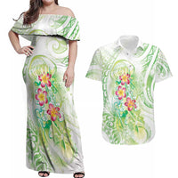 Summer Green Polynesian Jellyfish Couples Matching Off Shoulder Maxi Dress and Hawaiian Shirt Watercolor Glows - Polynesian Pride