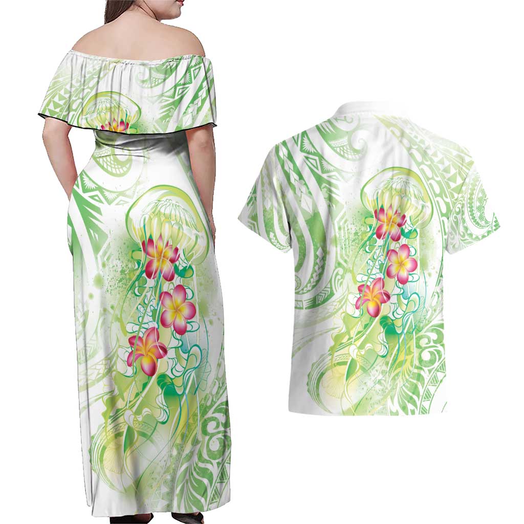 Summer Green Polynesian Jellyfish Couples Matching Off Shoulder Maxi Dress and Hawaiian Shirt Watercolor Glows - Polynesian Pride