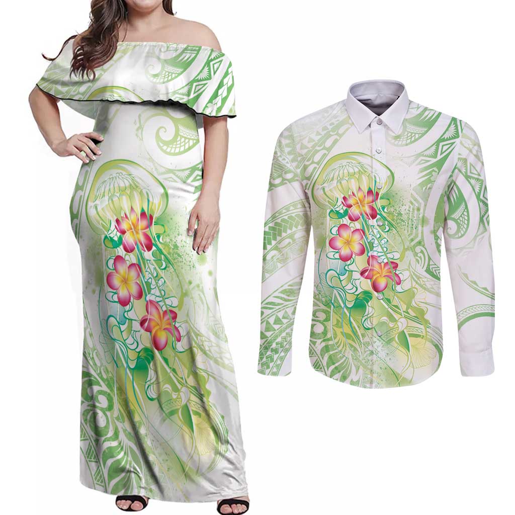 Summer Green Polynesian Jellyfish Couples Matching Off Shoulder Maxi Dress and Long Sleeve Button Shirt Watercolor Glows - Polynesian Pride