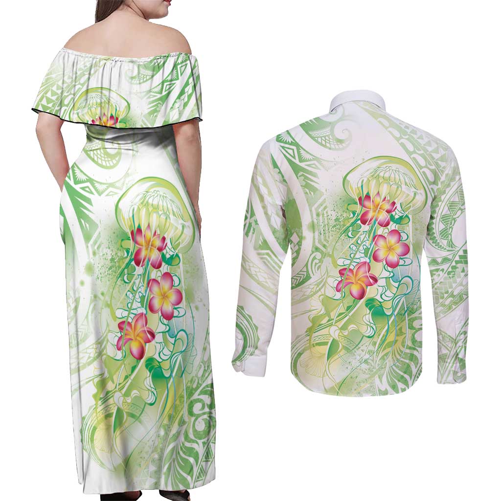 Summer Green Polynesian Jellyfish Couples Matching Off Shoulder Maxi Dress and Long Sleeve Button Shirt Watercolor Glows - Polynesian Pride