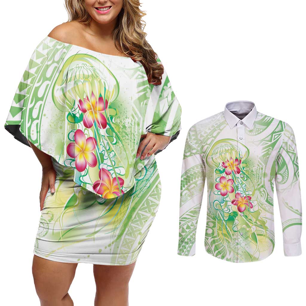 Summer Green Polynesian Jellyfish Couples Matching Off Shoulder Short Dress and Long Sleeve Button Shirt Watercolor Glows - Polynesian Pride
