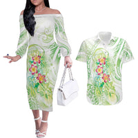 Summer Green Polynesian Jellyfish Couples Matching Off The Shoulder Long Sleeve Dress and Hawaiian Shirt Watercolor Glows - Polynesian Pride