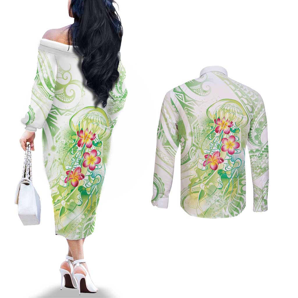 Summer Green Polynesian Jellyfish Couples Matching Off The Shoulder Long Sleeve Dress and Long Sleeve Button Shirt Watercolor Glows - Polynesian Pride