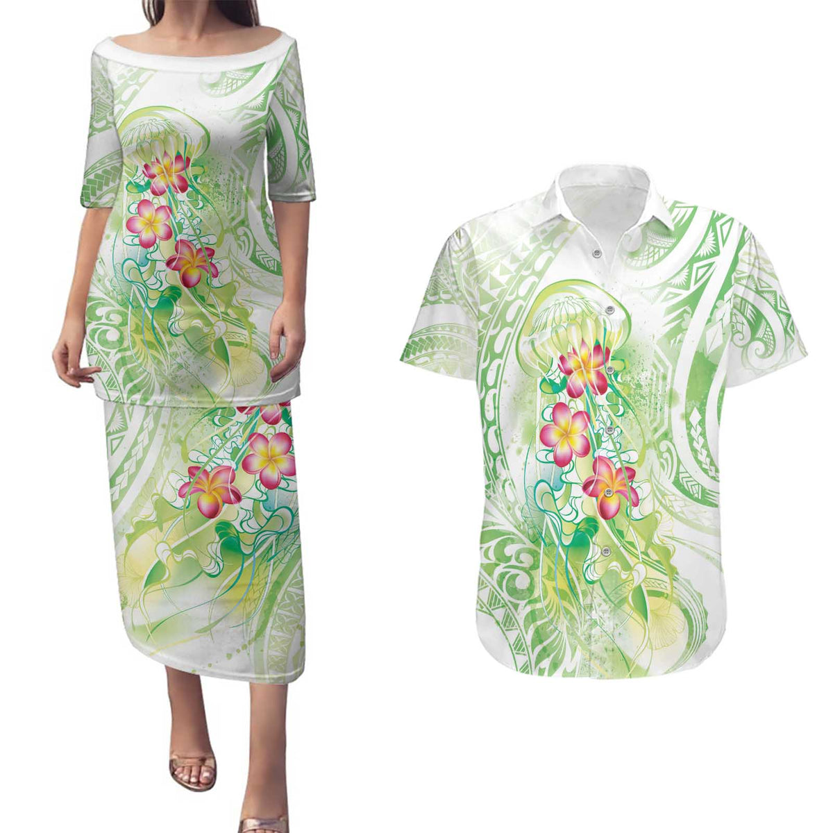 Summer Green Polynesian Jellyfish Couples Matching Puletasi and Hawaiian Shirt Watercolor Glows - Polynesian Pride