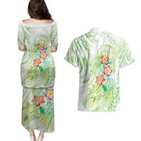 Summer Green Polynesian Jellyfish Couples Matching Puletasi and Hawaiian Shirt Watercolor Glows - Polynesian Pride