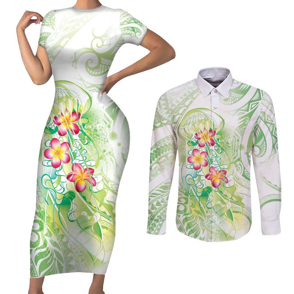 Summer Green Polynesian Jellyfish Couples Matching Short Sleeve Bodycon Dress and Long Sleeve Button Shirt Watercolor Glows - Polynesian Pride