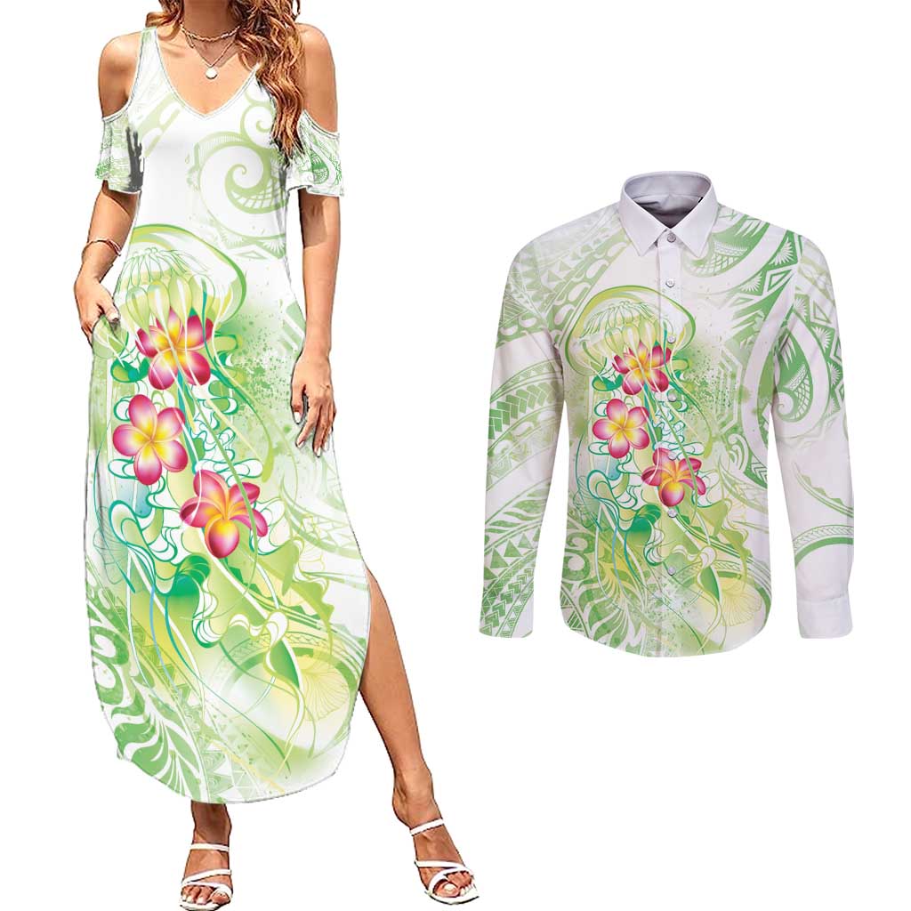 Summer Green Polynesian Jellyfish Couples Matching Summer Maxi Dress and Long Sleeve Button Shirt Watercolor Glows - Polynesian Pride
