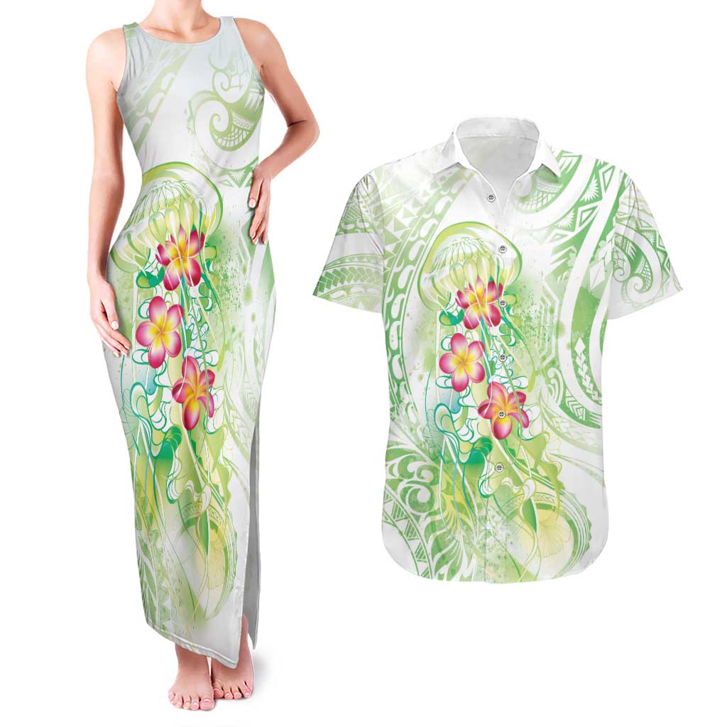 Summer Green Polynesian Jellyfish Couples Matching Tank Maxi Dress and Hawaiian Shirt Watercolor Glows - Polynesian Pride