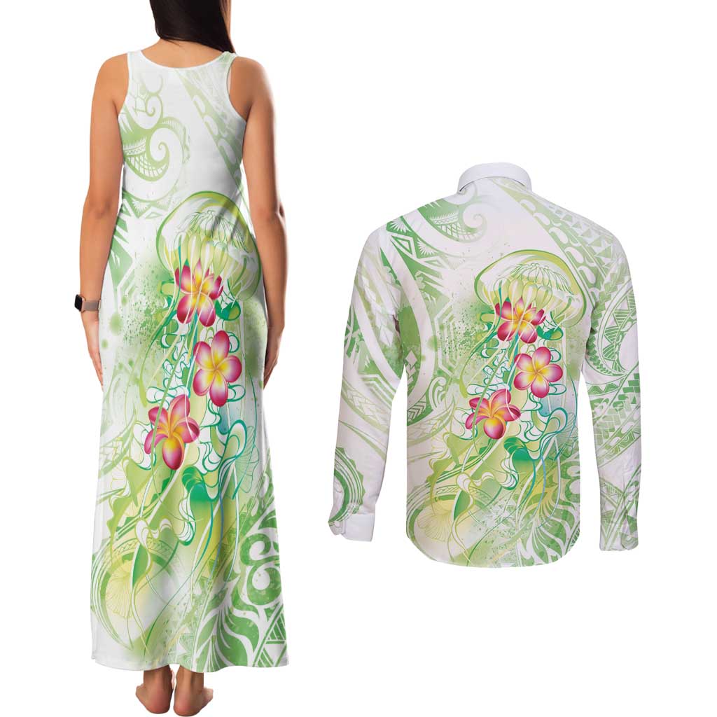 Summer Green Polynesian Jellyfish Couples Matching Tank Maxi Dress and Long Sleeve Button Shirt Watercolor Glows - Polynesian Pride