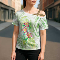 Summer Green Polynesian Jellyfish Cross Shoulder Shirt Watercolor Glows - Polynesian Pride