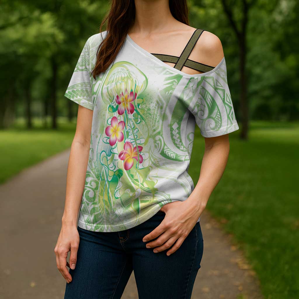 Summer Green Polynesian Jellyfish Cross Shoulder Shirt Watercolor Glows - Polynesian Pride
