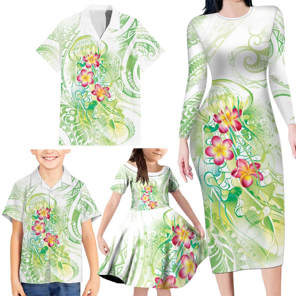 Summer Green Polynesian Jellyfish Family Matching Long Sleeve Bodycon Dress and Hawaiian Shirt Watercolor Glows - Polynesian Pride
