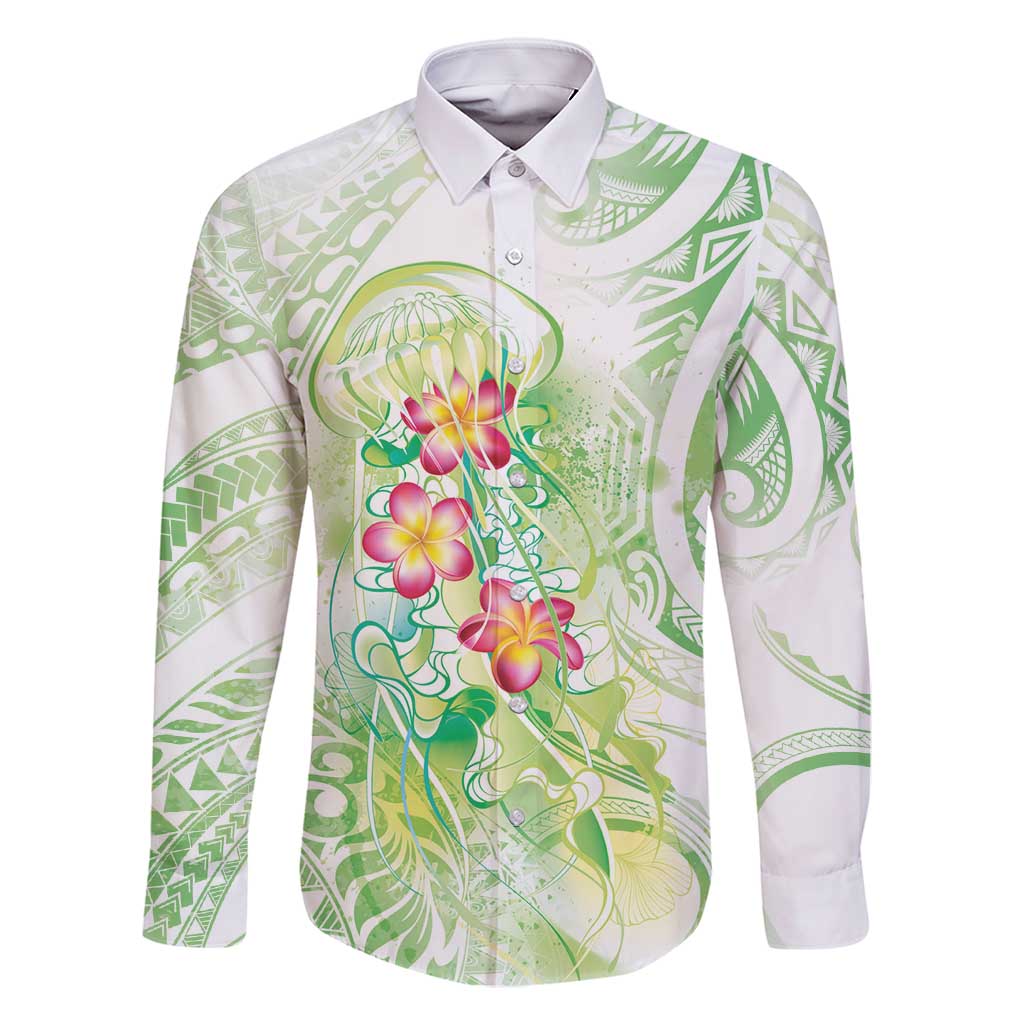 Summer Green Polynesian Jellyfish Family Matching Long Sleeve Bodycon Dress and Hawaiian Shirt Watercolor Glows - Polynesian Pride