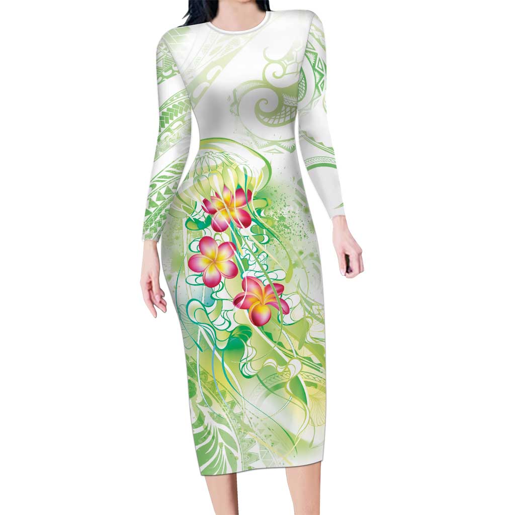 Summer Green Polynesian Jellyfish Family Matching Long Sleeve Bodycon Dress and Hawaiian Shirt Watercolor Glows - Polynesian Pride