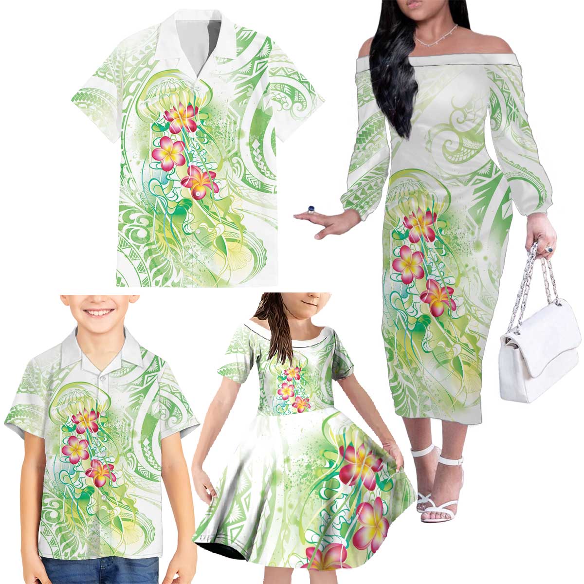 Summer Green Polynesian Jellyfish Family Matching Off The Shoulder Long Sleeve Dress and Hawaiian Shirt Watercolor Glows - Polynesian Pride