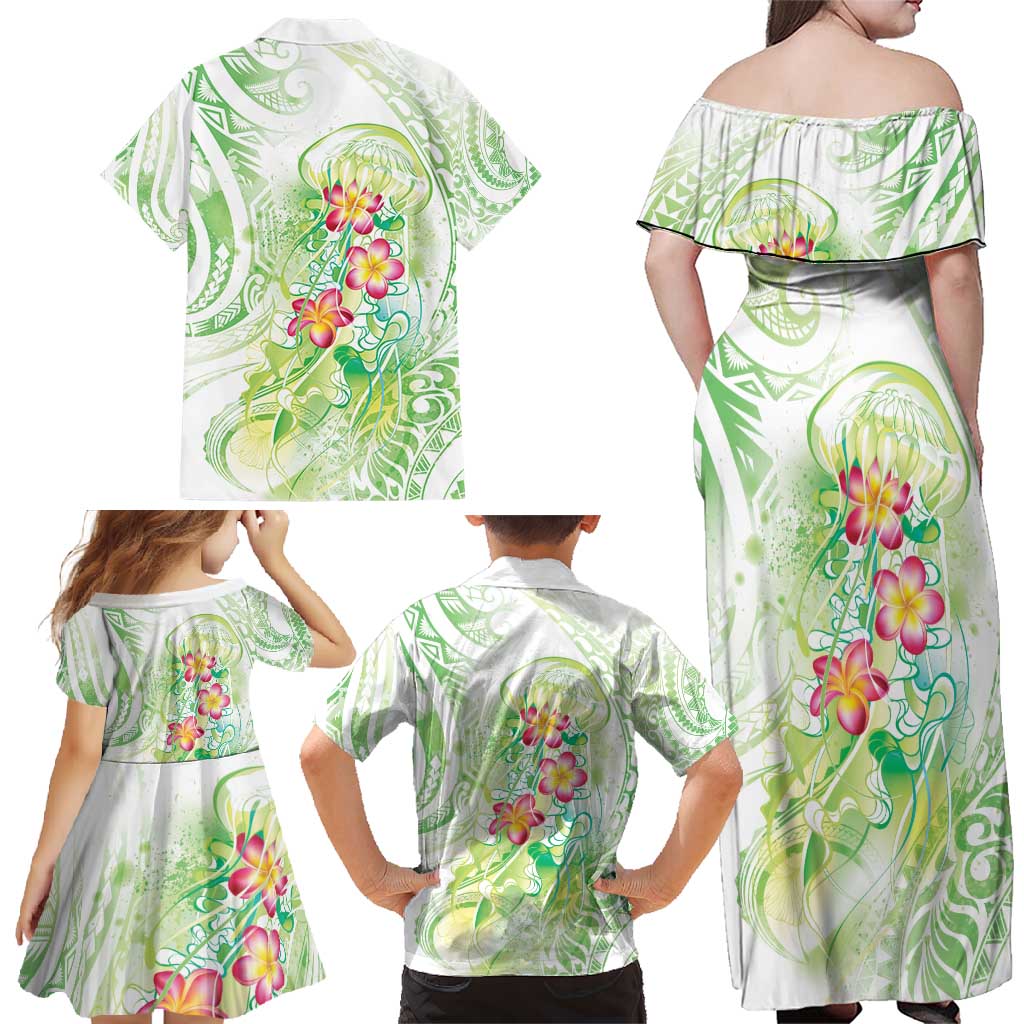 Summer Green Polynesian Jellyfish Family Matching Off Shoulder Maxi Dress and Hawaiian Shirt Watercolor Glows - Polynesian Pride