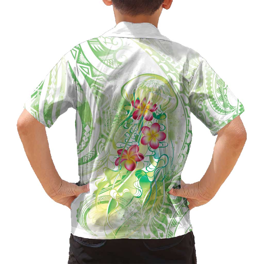 Summer Green Polynesian Jellyfish Family Matching Off Shoulder Short Dress and Hawaiian Shirt Watercolor Glows - Polynesian Pride