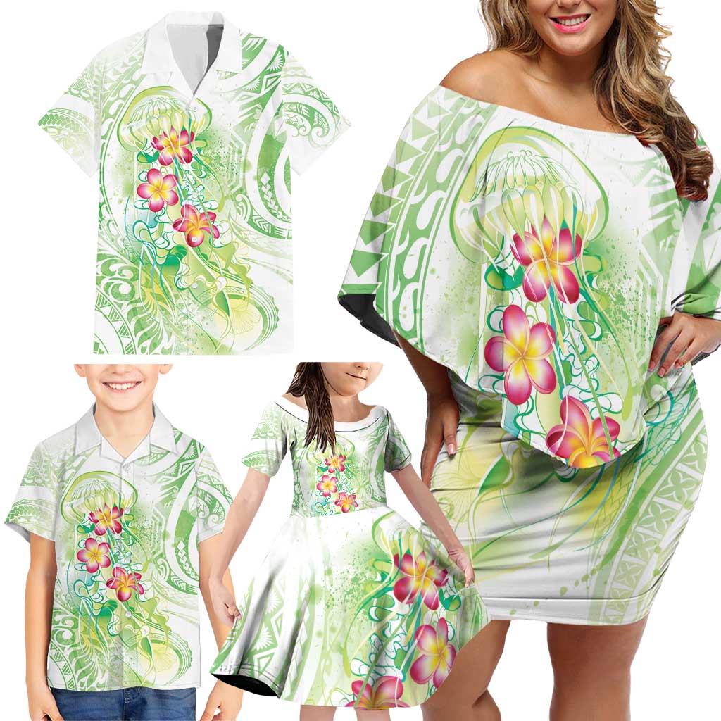 Summer Green Polynesian Jellyfish Family Matching Off Shoulder Short Dress and Hawaiian Shirt Watercolor Glows - Polynesian Pride