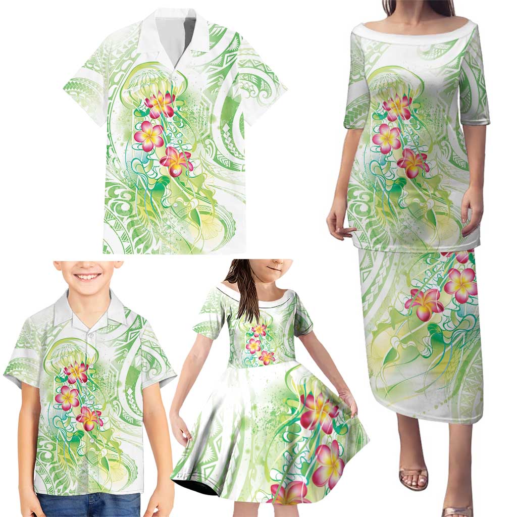 Summer Green Polynesian Jellyfish Family Matching Puletasi and Hawaiian Shirt Watercolor Glows - Polynesian Pride