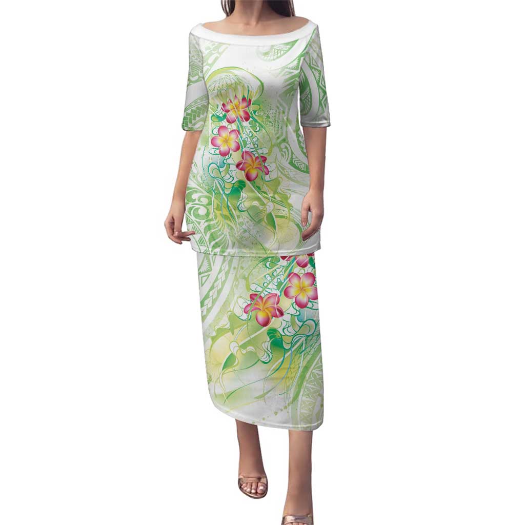 Summer Green Polynesian Jellyfish Family Matching Puletasi and Hawaiian Shirt Watercolor Glows - Polynesian Pride