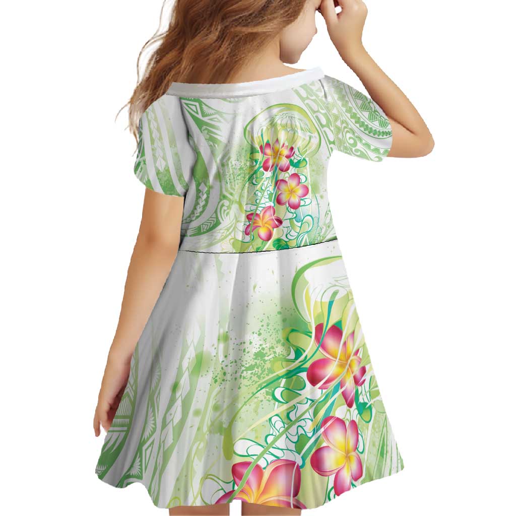 Summer Green Polynesian Jellyfish Family Matching Short Sleeve Bodycon Dress and Hawaiian Shirt Watercolor Glows - Polynesian Pride