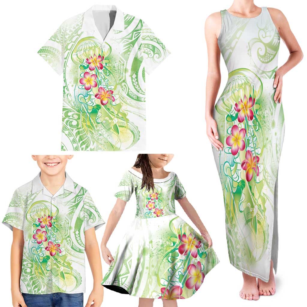 Summer Green Polynesian Jellyfish Family Matching Tank Maxi Dress and Hawaiian Shirt Watercolor Glows - Polynesian Pride