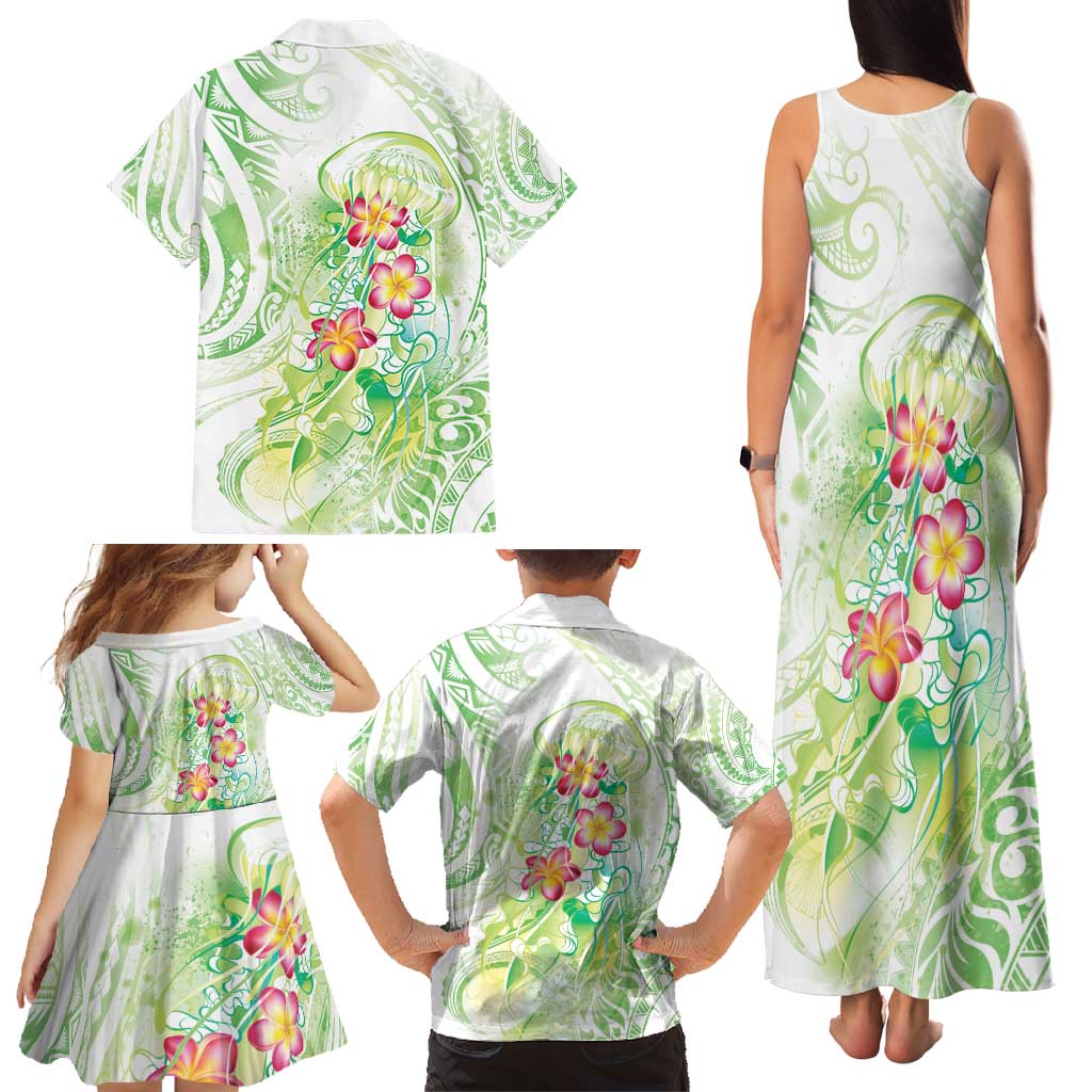 Summer Green Polynesian Jellyfish Family Matching Tank Maxi Dress and Hawaiian Shirt Watercolor Glows - Polynesian Pride