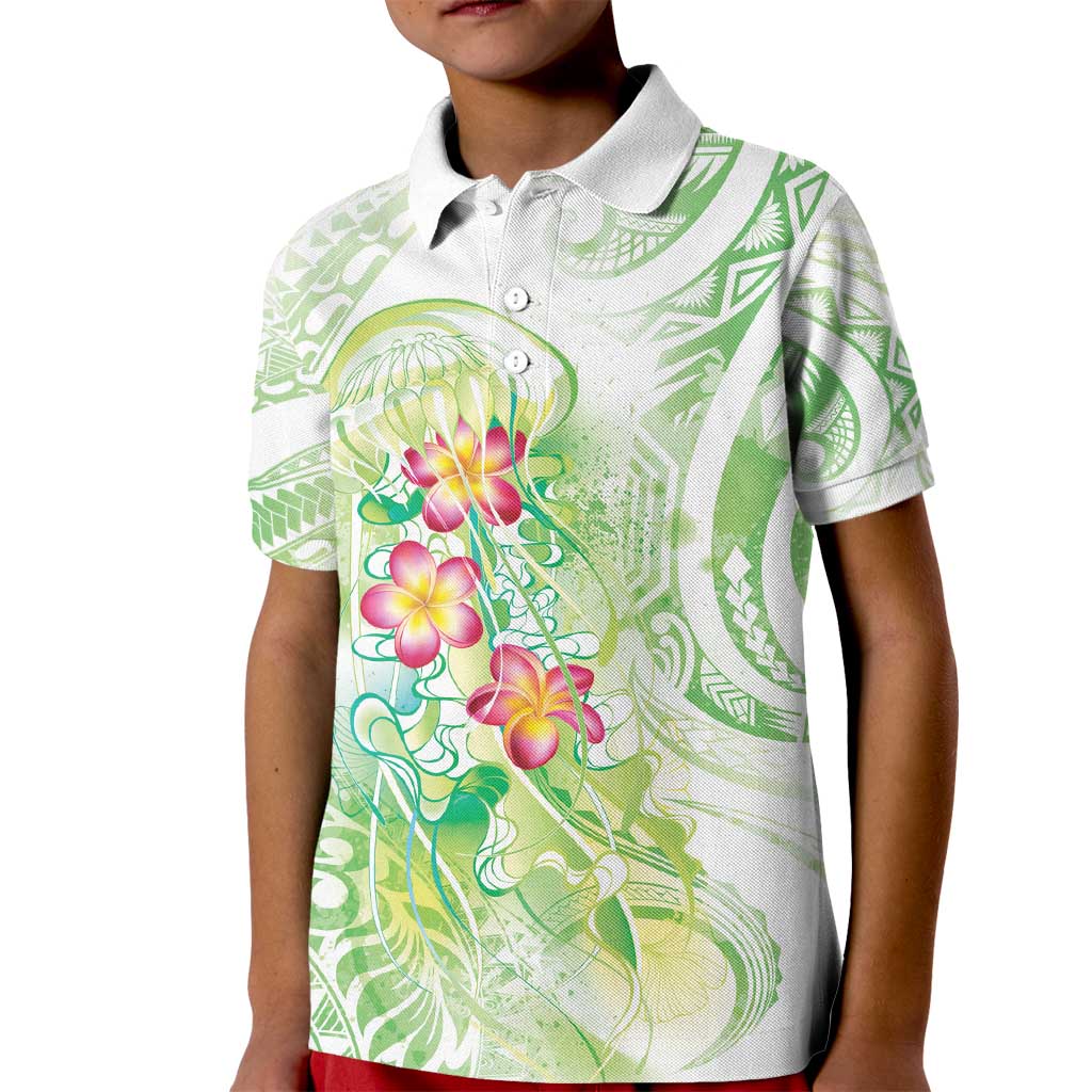 Summer Green Polynesian Jellyfish Kid Polo Shirt Watercolor Glows - Polynesian Pride