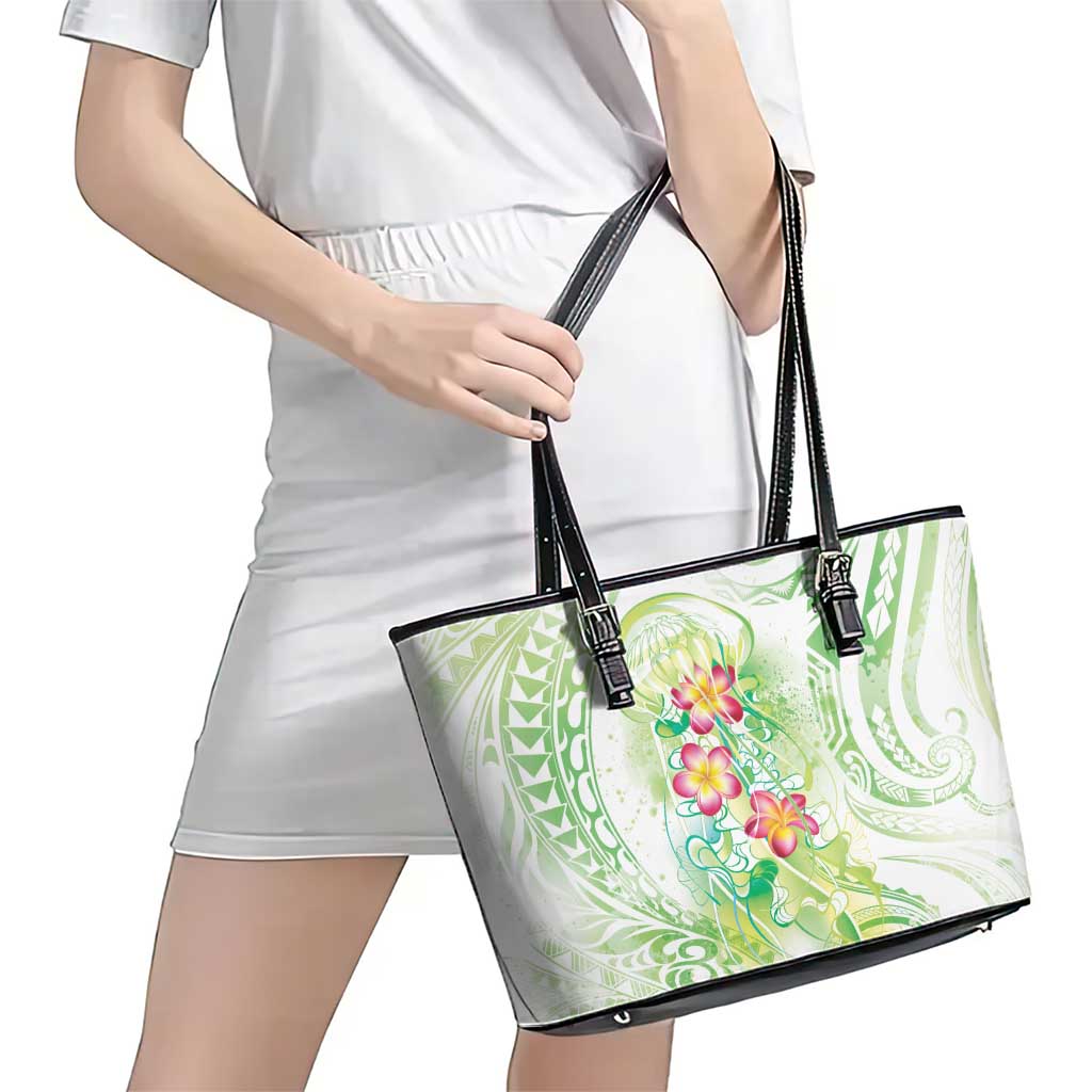 Summer Green Polynesian Jellyfish Leather Tote Bag Watercolor Glows - Polynesian Pride