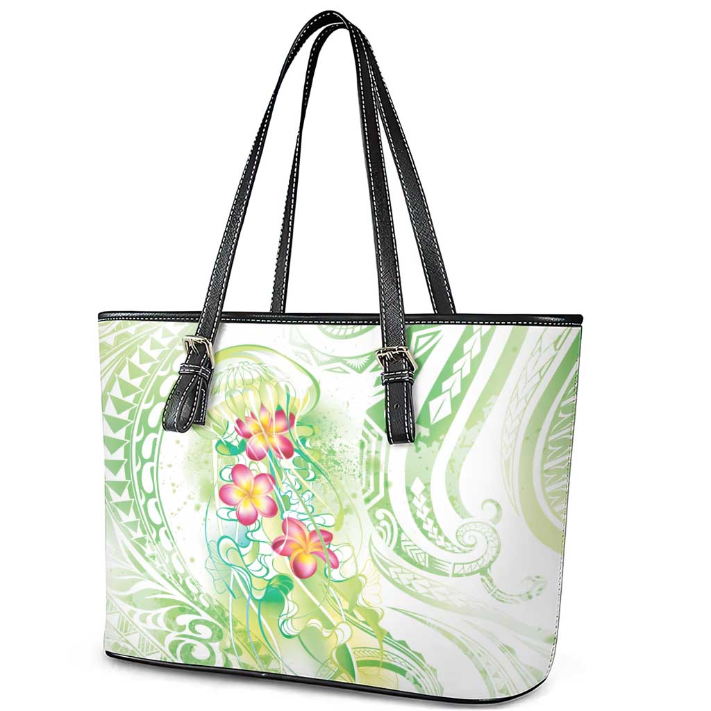 Summer Green Polynesian Jellyfish Leather Tote Bag Watercolor Glows - Polynesian Pride