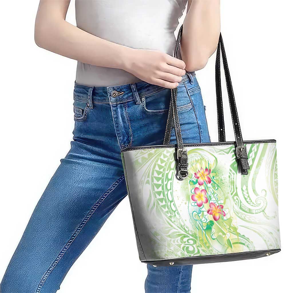 Summer Green Polynesian Jellyfish Leather Tote Bag Watercolor Glows - Polynesian Pride