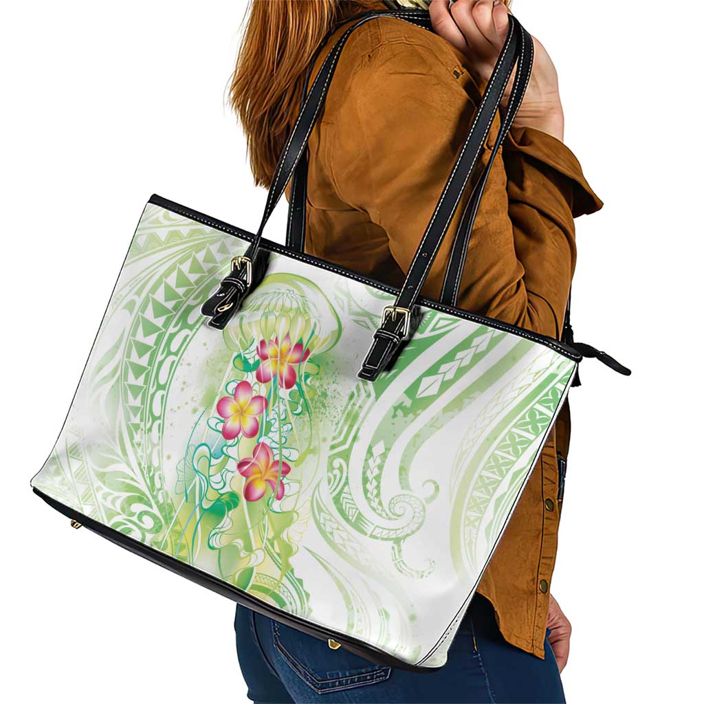 Summer Green Polynesian Jellyfish Leather Tote Bag Watercolor Glows - Polynesian Pride