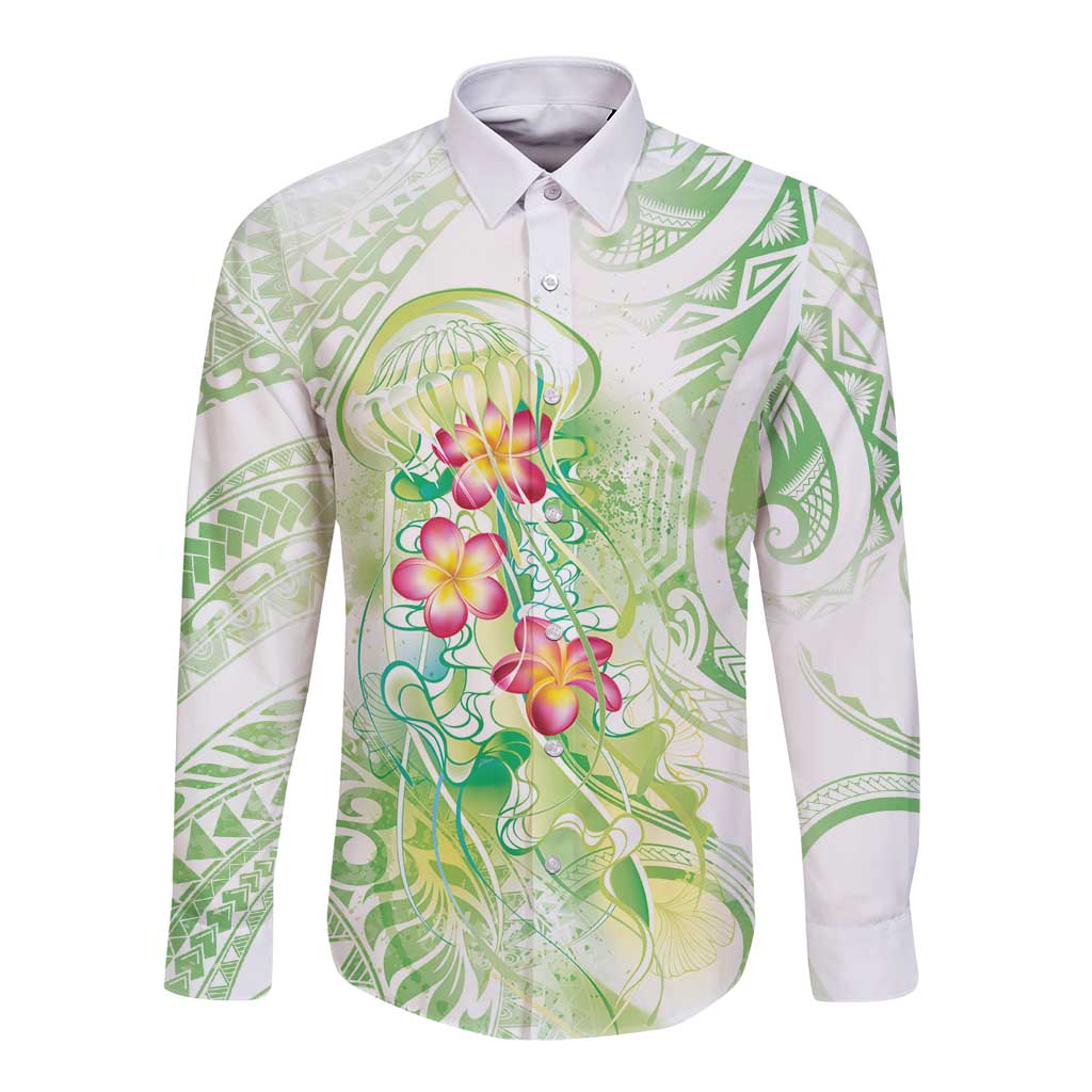 Summer Green Polynesian Jellyfish Long Sleeve Button Shirt Watercolor Glows - Polynesian Pride