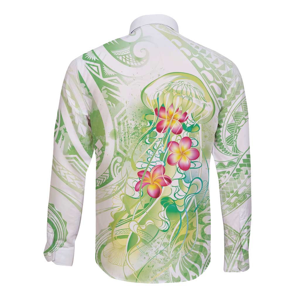 Summer Green Polynesian Jellyfish Long Sleeve Button Shirt Watercolor Glows - Polynesian Pride