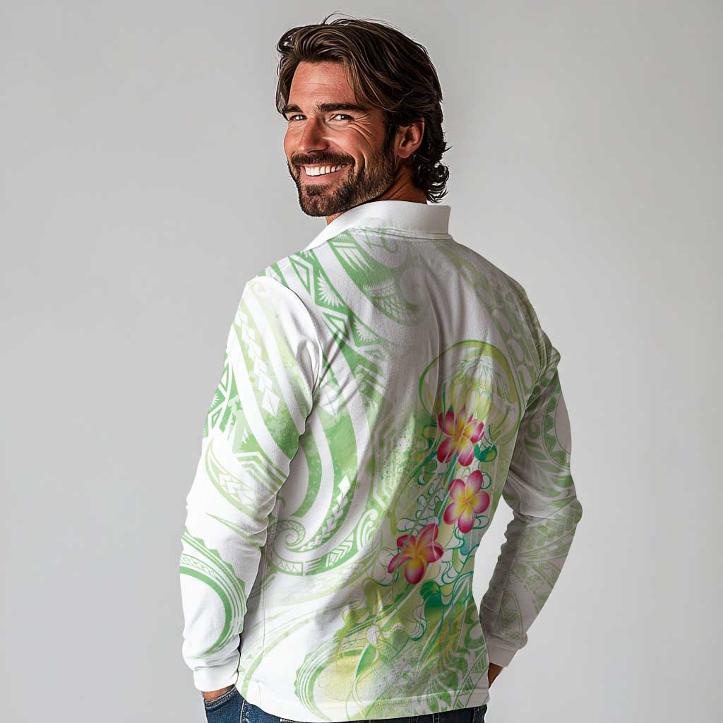Summer Green Polynesian Jellyfish Long Sleeve Polo Shirt Watercolor Glows - Polynesian Pride
