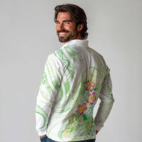 Summer Green Polynesian Jellyfish Long Sleeve Polo Shirt Watercolor Glows - Polynesian Pride