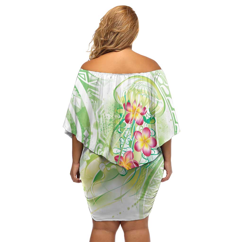 Summer Green Polynesian Jellyfish Off Shoulder Short Dress Watercolor Glows - Polynesian Pride