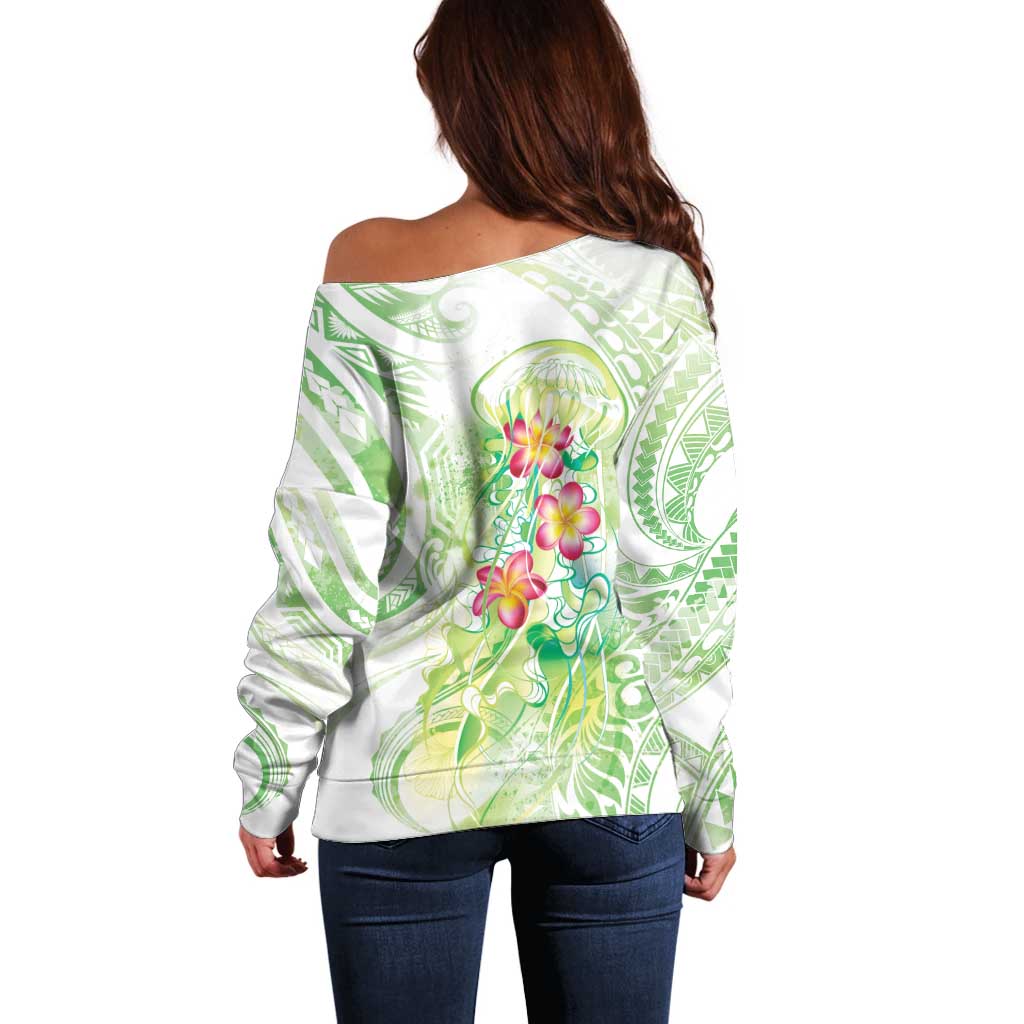 Summer Green Polynesian Jellyfish Off Shoulder Sweater Watercolor Glows - Polynesian Pride