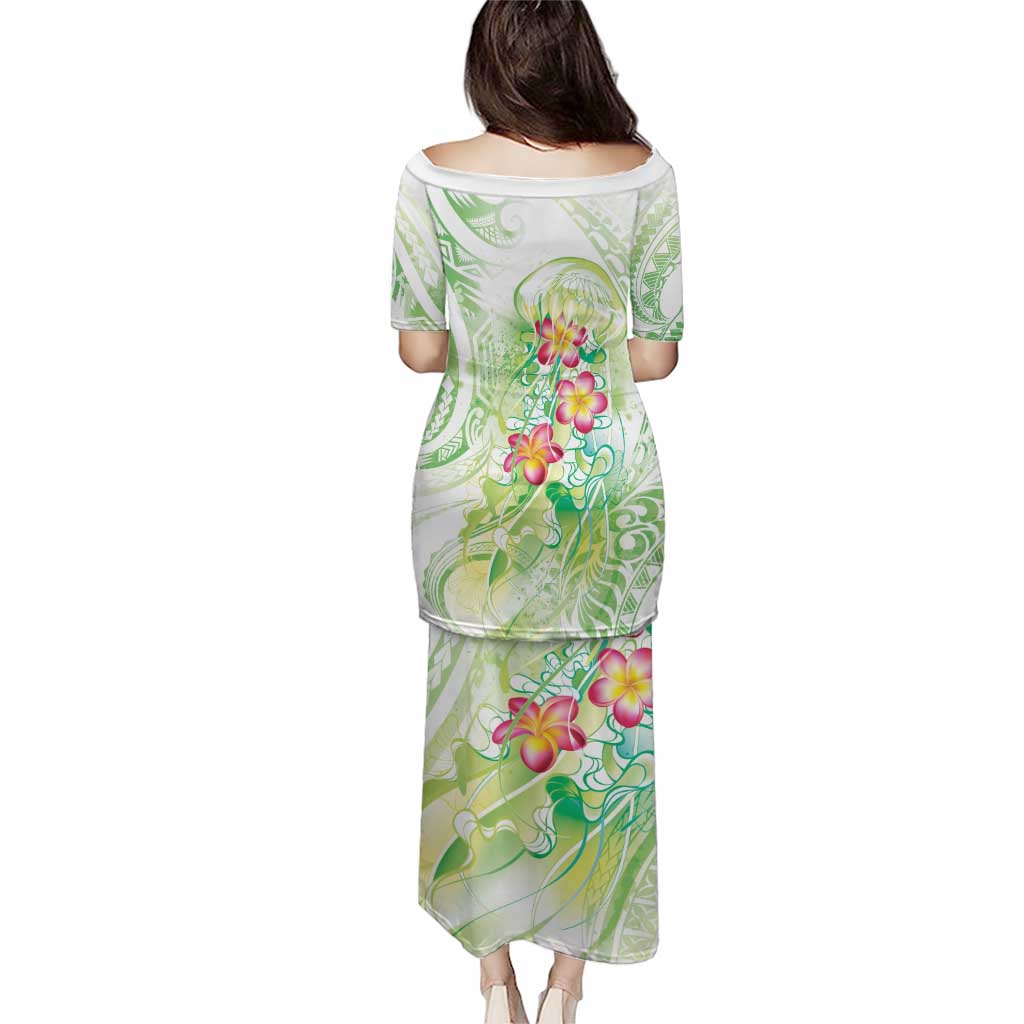 Summer Green Polynesian Jellyfish Puletasi Watercolor Glows - Polynesian Pride